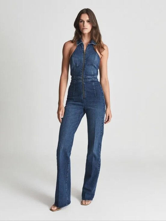Reiss Pants - REISS Blue Denim Cotton Pennie Collared Halter Zip Front Flare Leg Jumpsuit